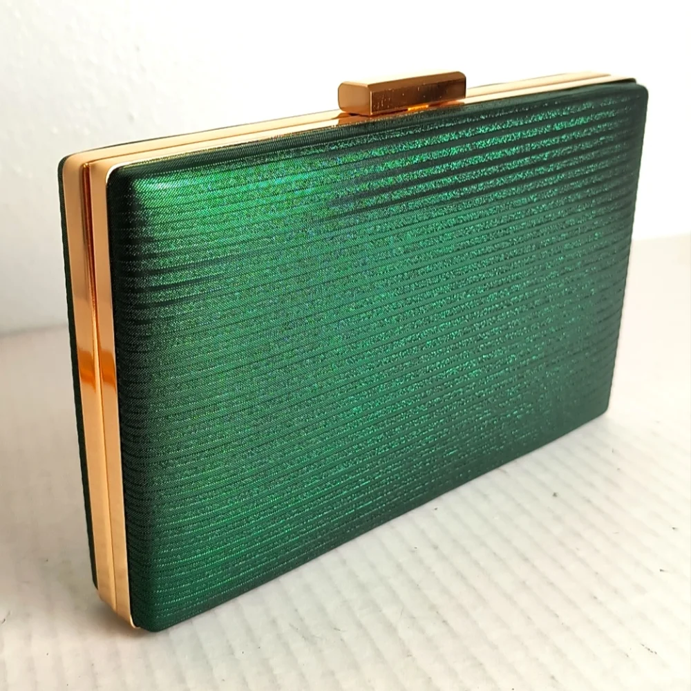 Shimmer Emerald Gold Tone Satin Evening Clutch Square Bag Metal Strap